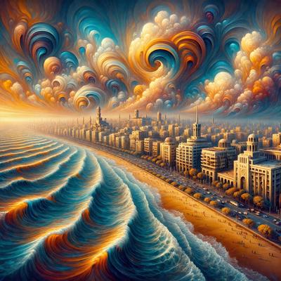 Primary subject: Cityscape with a beach and ocean
Setting/background: A city with buildings, a beach, and an ocean
Visual style: Digital art
Colors and mood: The image is colorful and vibrant, with a lively atmosphere.